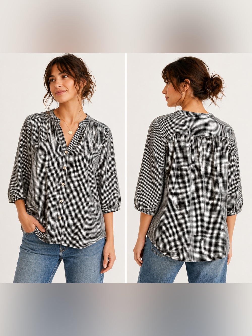 ✨‎ BSBEE Gingham Cotton Button Front Blouse Top Medium Black White ✨